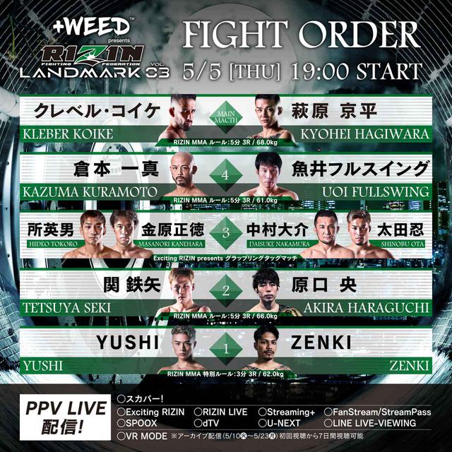 試合順決定！メインはクレベルvs.萩原！+WEED presents RIZIN LANDMARK