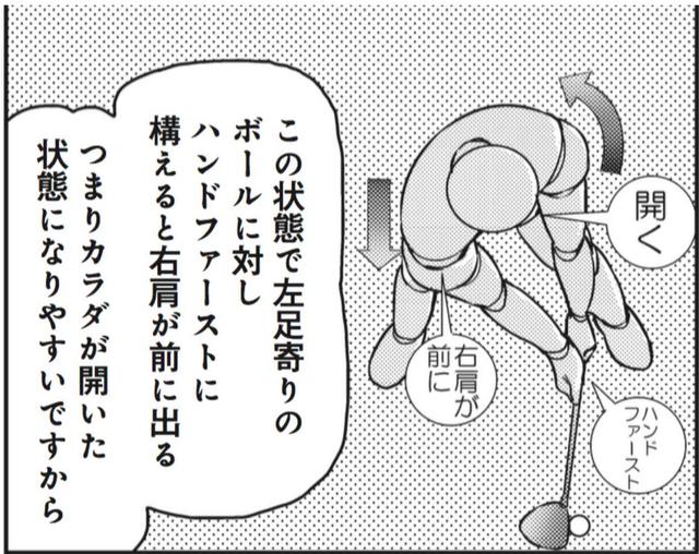 画像: ハンドファーストにすると、体の構造上どうしても右肩が前に出てしまう。田村はこれを嫌う