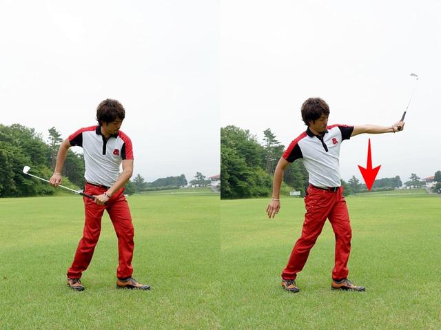 画像: クラブを振り出したときに、左ひじが真下を向くようにしよう