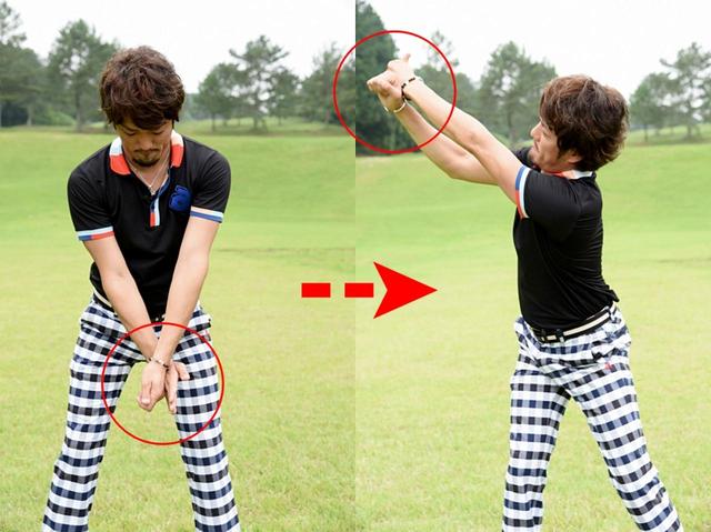 画像: 親指を立てた左手の甲に、右手甲をあてがう。そのまま、バックスウィング。左手親指は上を向いた状態をキープ。かなり窮屈に感じるはずだが、それで正解。それこそが締まったいいトップだ