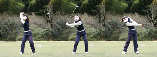 画像: 右→左→右の体重移動で飛ばすハヌル。ダウンからインパクトにかけて、頭がどんどん倒れていき、クラブと引っ張り合う