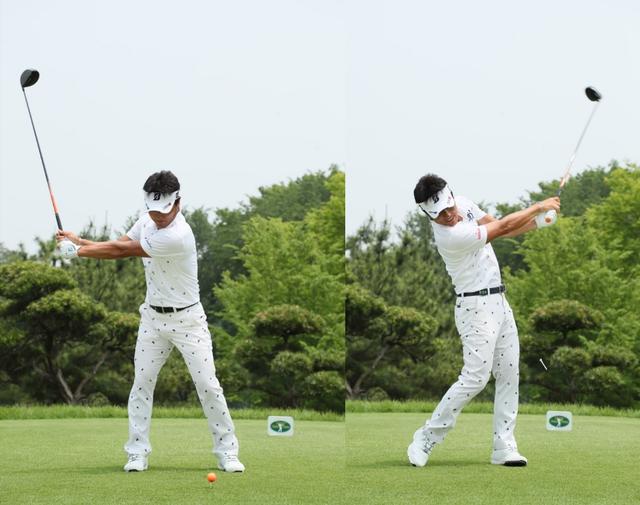 画像: クラブの動きがバックスウィングとフォローで体を中心に左右対称