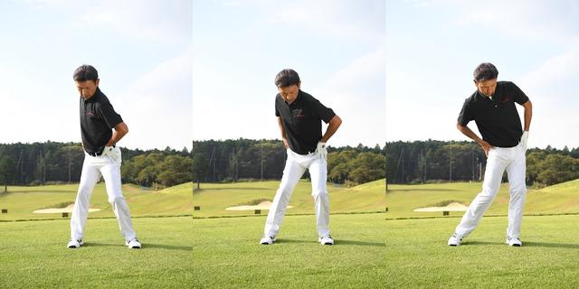 画像: バックスウィングでは右ひざを固定し、お尻の回転を45度くらいに抑えるのがポイント。切り返しでは腰を目標方向に平行移動し、体重を左足に乗せる。左足を踏み込んで左サイドの壁がつくれたら、右足の蹴りを使ってお尻を一気に左にターン。