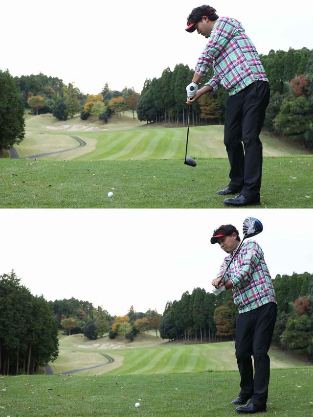 画像: 体を回そうとするとインサイドアウト軌道が強くなりすぎる(写真上)。体は止める意識で、左に振り抜こう(写真右)