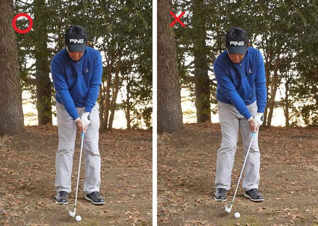 画像: ハンドファーストで上からぶつけようとするとフェースが開いて右に飛び出しやすく、リーディングエッジが刺さってダフリになる危険も大きい