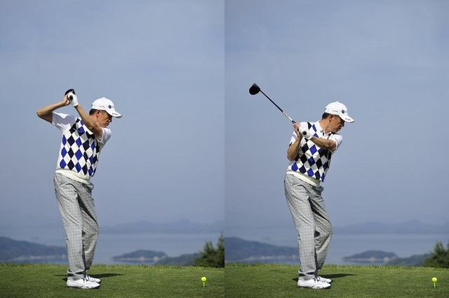 画像: トップ(左)では右わきを空けたまま上げ、ダウン(右)はそのままクラブを下ろすイメージ