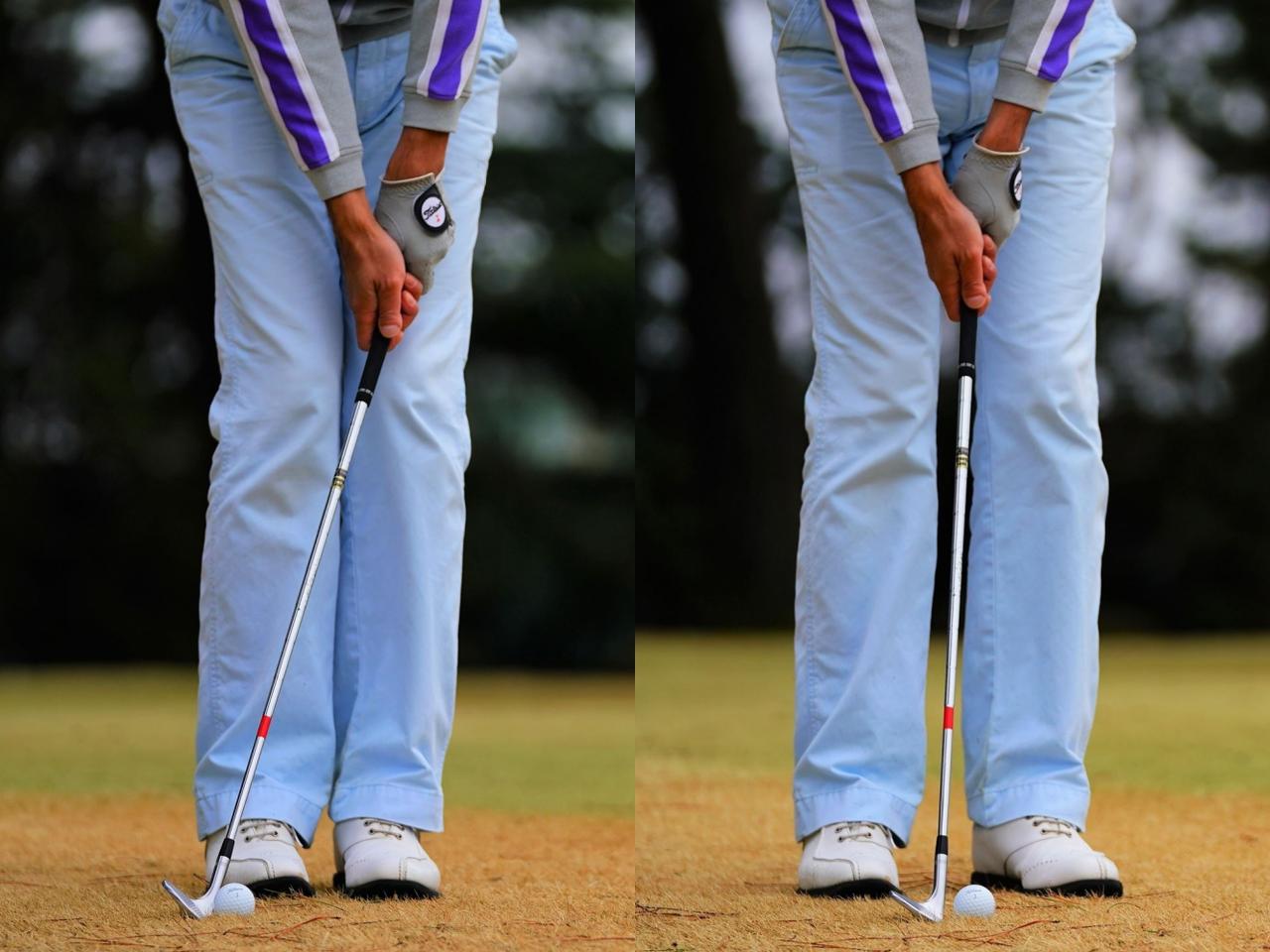 画像: ハンドファーストにするとバウンス角は減る(写真左)。シャフトを垂直に近い形で構えるのが、バウンスを生かすコツだ(写真右)