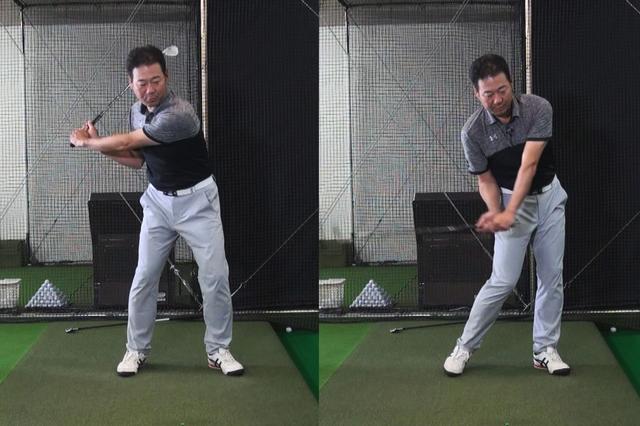 画像: (画像1)スウィングの問題点を教えるため、幡野夏生のスウィングを再現している井上コーチ。写真左のように下半身主導で切り返し、そのまま腰を回転させ続けるから、インパクトでフェースが開く