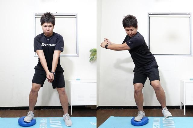 画像: バックスウィングを模したバランストレーニング。腰回りのインナーマッスルに効果がある