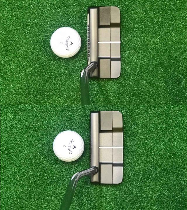 画像: 普通のパターのように構えるとロフトが非常に多く見えるが……(写真上)、グリップを左腕に密着させるとスッキリ見える(写真下)