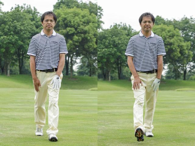 画像: 手を太股に当てて歩くと、頭でリードする感覚、ウェートシフトをしながら歩く感覚がつかめる