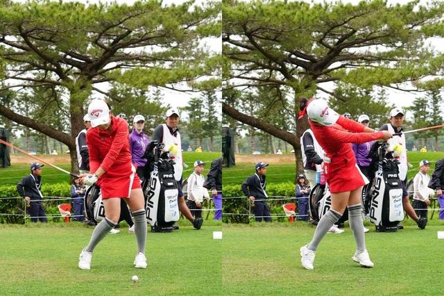 画像: (写真B)ダウンスウィングからフォローにかけても、目線は大きく動く(写真は2019年のダイキンオーキッドレディス 撮影/姉崎正)
