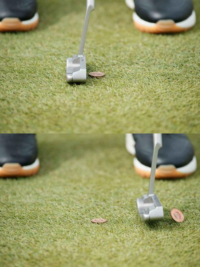 画像: 芝の上に置くと下の1枚はほぼ見えないが、上の1枚だけを正確にヒット……まさに神業だ