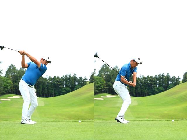 画像: (写真B)低くフラットなトップ(左)から、最適な軌道(右)でダウンスウィングに入っている