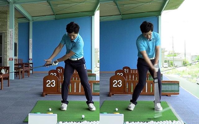 画像: 左手でクラブを握り、右手は指先だけ引っかけてハーフスウィング