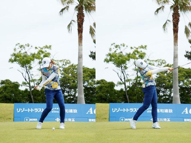 画像: 画像B:ダウンスウィングからインパクトで肩のラインが大きく回転していることがわかる(写真は2019年のリゾートトラストレディス 撮影/小林司)