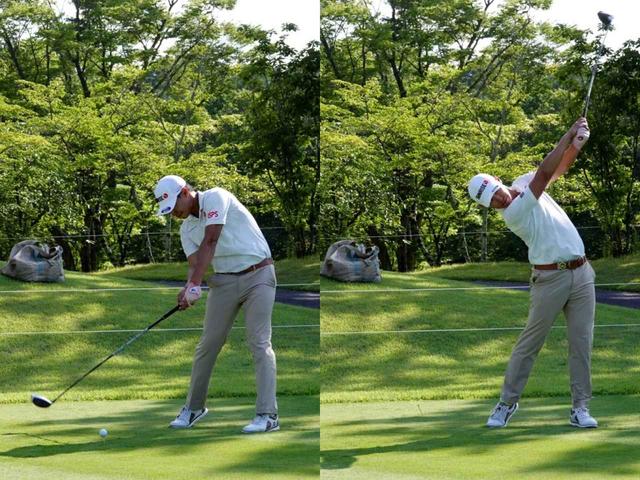 画像: 写真右のフォローで左足がズレている点に注目。これによりスウィングの詰まりが解消され、飛距離アップと正確性の向上につながった