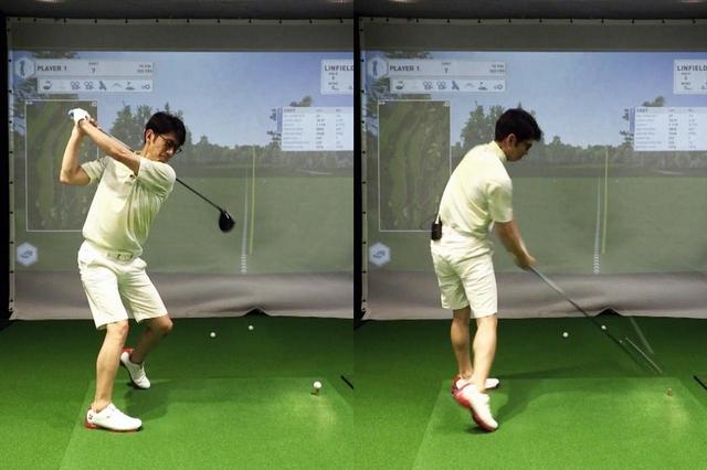 画像: ヒールアップを取り入れたスウィングを実践する柴田