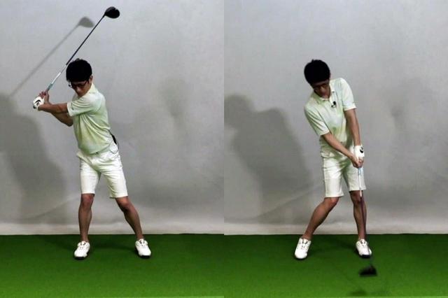 画像: バックスウィングで右足にガッツリ乗せた体重が、切り返し以降でそのまま残ってしまうのが柴田の悩み