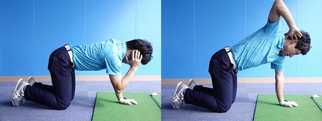 画像: 四つん這いの体勢から、右ひじを上に向けるように右上半身を動かそう。このとき、「おへそが横を向きすぎないように注意してください」と原田