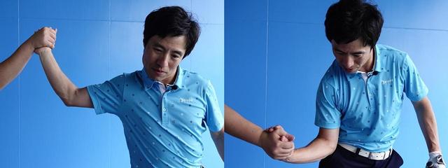 画像: トップ~切り返しでは、右ひじを体から離して力を入れづらい形を作りタメを生む(左)。その後、ダウンスウィング~インパクトでは、右ひじは体に近づけることで力が入りやすい形を作り、ボールを押すパワーを生む(右)