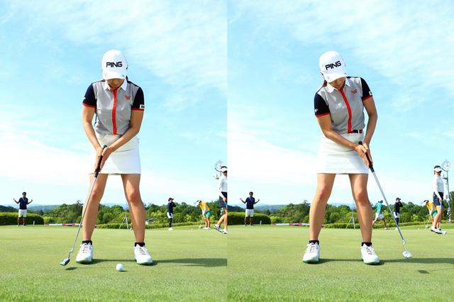 画像: 両手のひらでグリップの両端を挟んでストロークする練習をする渋野。手先で操作できないので、腹筋や背筋など大きな筋肉を使ってストロークする練習になり、ヘッド軌道が安定してきた