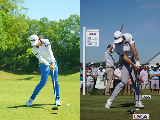 画像: ハンドファーストでインパクトを向かえている(写真左は2019年中京テレビBSレディス 写真/中野義昌 写真右は2018年全米オープン 写真/服部謙二郎)