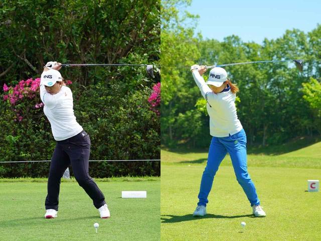 画像: ピンの契約選手の鈴木愛(左)と渋野日向子(右)。スクェアグリップでトップではフェースが斜めを向く鈴木に対し、渋野はフックグリップに握りトップでフェースは空を向く