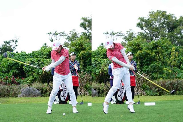 画像: (写真B)地面反力を使って飛ばすタイプのスウィング。切り返しで沈み込んだ左ひざは、ダウンスウィング初期ですでに伸ばし始めている(写真は2019年のダイキンオーキッドレディス 撮影/姉崎正)