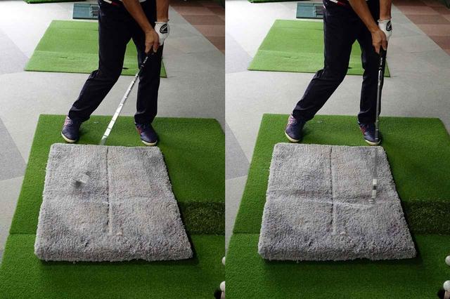 画像: 跡が付きやすい絨毯マットの上でクラブを振ることで、ヘッドが地面に着くタイミングやターフの取れ方を再現できる