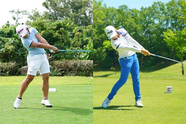画像: インパクト~フォロー時の手元を正面から見ると畑岡は左手が見えているのに対し、渋野は左手が右手に重なりほぼ見えない。フェースローテーションの度合いで形はこれだけ変わる(撮影/姉崎正、中野義晶)