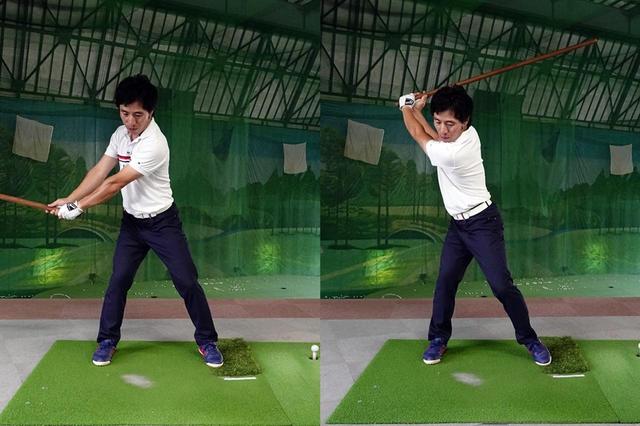 画像: 左足を踏み込んで圧をかけながら、クラブをトップへ上げていく