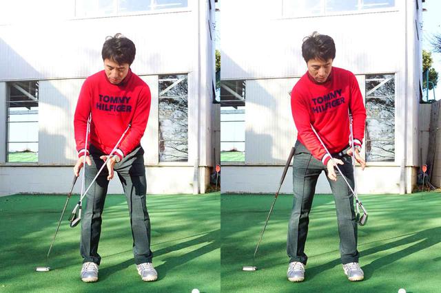 画像: 体を使ってストロークする感覚をつかむ練習ドリル。左右の両わきでアイアンのグリップ側を挟み、体の正面でヘッドをクロスさせ、わき腹を左右にねじる