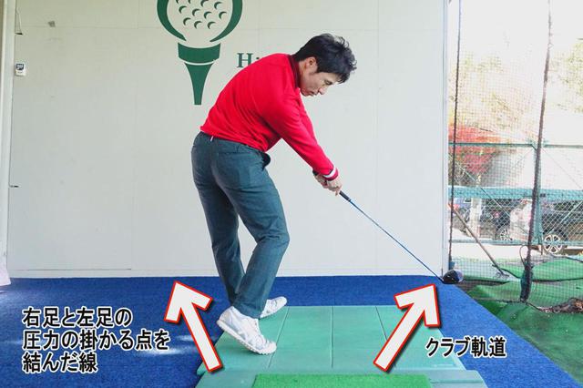 画像: 写真C:ダイナミックエイミングを目標より左側を向けた状態で、インサイドアウト軌道で振ってインパクトすると効率よく飛距離を伸ばせる