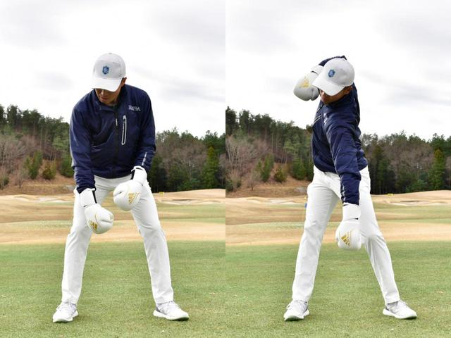画像: クラブを持たずにいつも通りのアドレス。左拳を真下に下げながら右拳を上げて、右サイドの肋骨が伸びるのを感じれたらしっかりとしたトップの形ができている