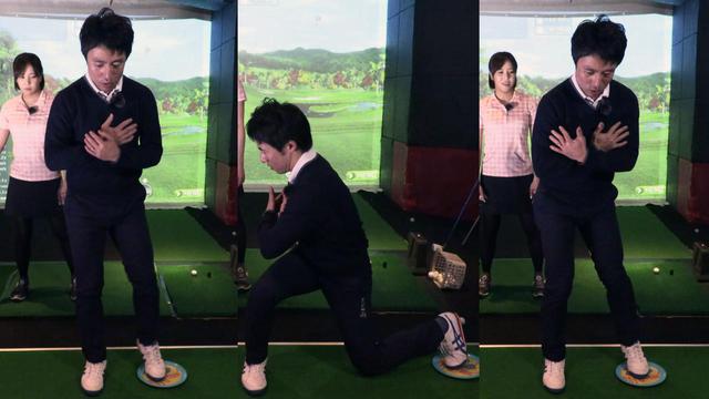 画像: 左足をディスクに乗せ、真横にスライドさせながら体を右にねじり、スクワットした状態から一気に元の姿勢に戻す
