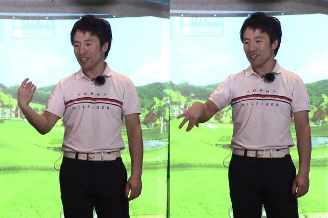 画像: 腕の末端を速く振れる動作を説明する原田。20代前半には通じないが、水銀の体温計を振る動きと同じ