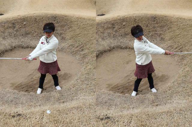 画像: 強烈なつま先上がりのため、スウィングはかなりフラットに(撮影/野村知也)