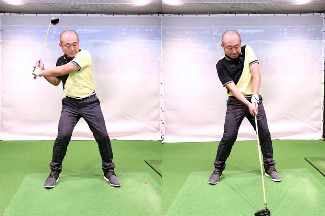 画像: バックスウィングで右に動いた軸が戻り切らないままインパクトしてしまっている(撮影/野村知也)