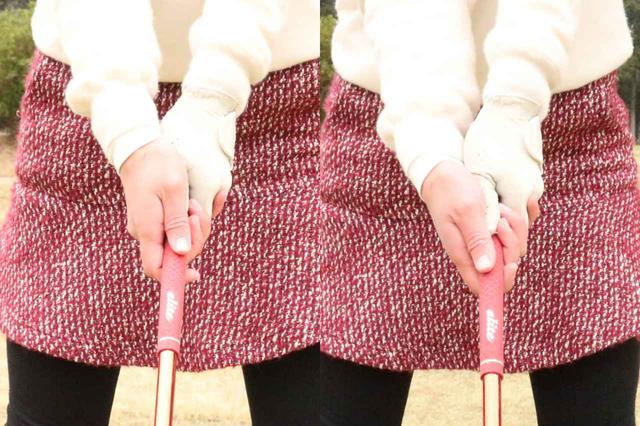画像: 以前はグリップの上からかぶせるような右手の握り方だった(左)。改善後のグリップはグリップの斜め下から握っている(右)