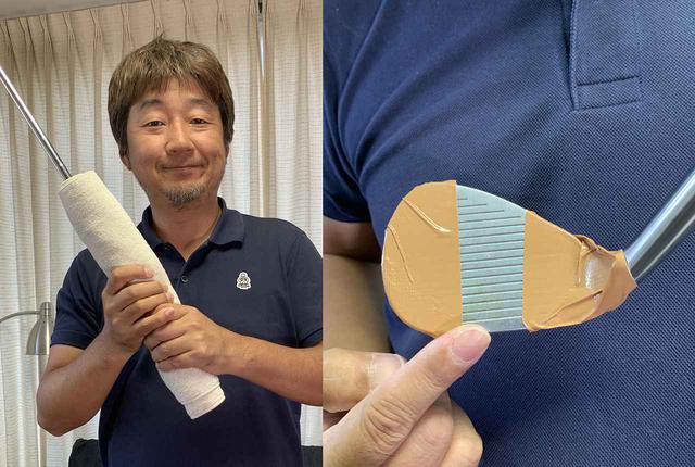 画像: グリップにタオルを巻くことで手首の動きを抑えたり(左)、フェースのトウとヒール寄りにガムテープを貼り、芯でヒットしたかわかりやすくしたりと(右)、1ヤードアプローチドリルのアレンジも様々