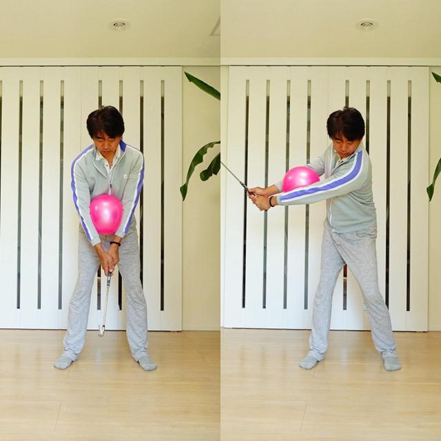 画像: 画像A ボールを挟んでワイドなテークバックをとっても部屋の大きさに制限することなく素振りができる