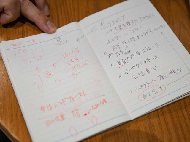 画像: 画像B:埼玉社会人アマ優勝の実績を持つ和田貴之さんのゴルフノート歴はまもなく20年。大事なところには赤字で目立たせて、常に意識するようにしているという