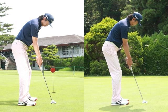画像: ロングパットでは、ショートパットのとき(左)よりもわずかに体を起こして構えよう(右)(撮影/姉崎正)