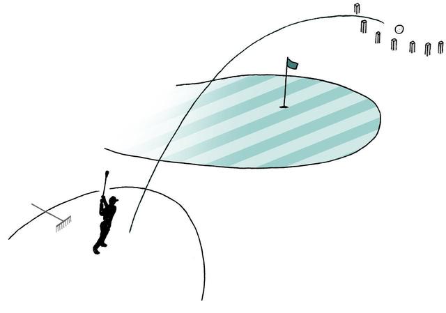 画像: きれいに砂をならしたうえで、直前に打った位置から1クラブレングス以内 (ホールに近づかない)にドロップして1罰打を付加して次打に臨むべし。