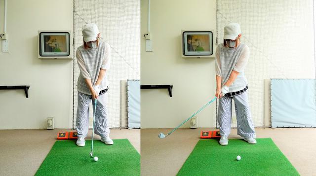 画像: テークバックでは右の股関節に軸を取りフェースを開かずに始動。シャフトの重量、しなりを感じ続けることが大切だという