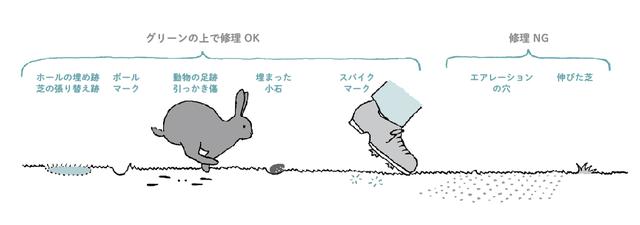画像: エアレーションの穴、伸びた芝は修理NGとなる