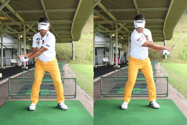 画像: 体が正面を向いた状態をキープしたまま、腕だけを走らせて打ってみよう。これでフック弾道が出れば、ヒップターンを使ったスウィングをしても振り遅れの心配はないと藤田プロ