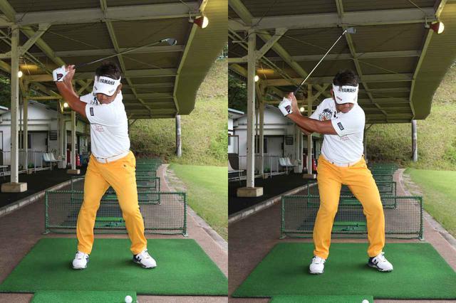 画像: 写真A:通常のショットの場合はトップまで上げてから切り返しの動作に入るが、パワーフェードを打つ場合は手元が写真右まで上がった段階で腰を切り返しはじめると藤田