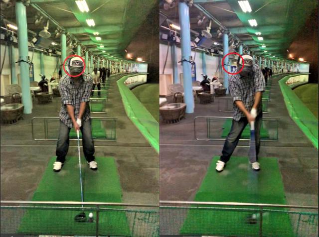 画像: 画像B ボール真上から見るように構え、頭がターゲット方向に突っ込んでインパクトしてしまっている